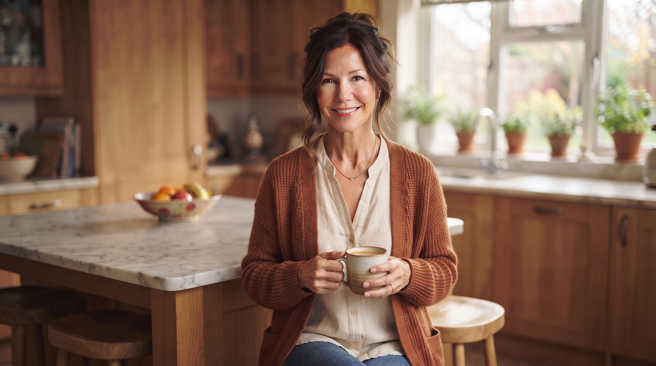 Amanda Morel at home with a cup of coffee
