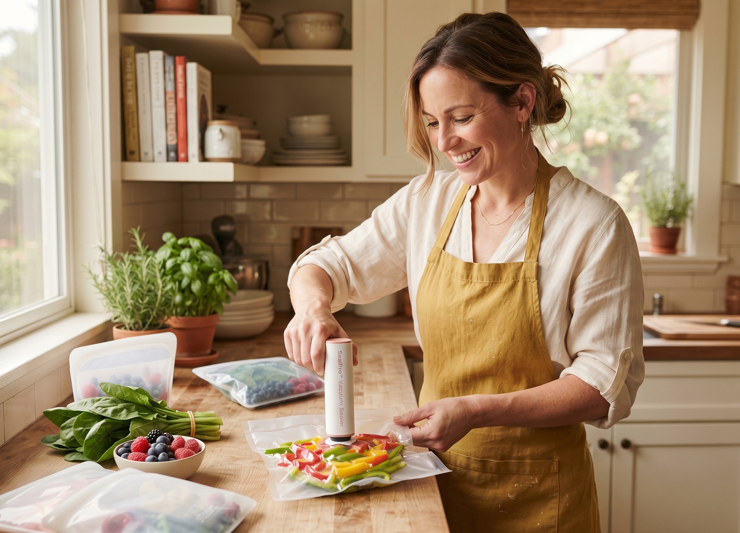 Amanda sealing fresh produce in her kitchen